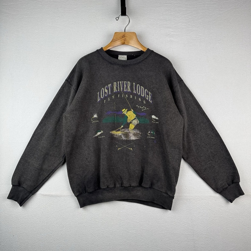90's Vtg Lost River‎ Lodge Fly Fishing Crewneck Sweatshirt Men's M Sun-faded USA